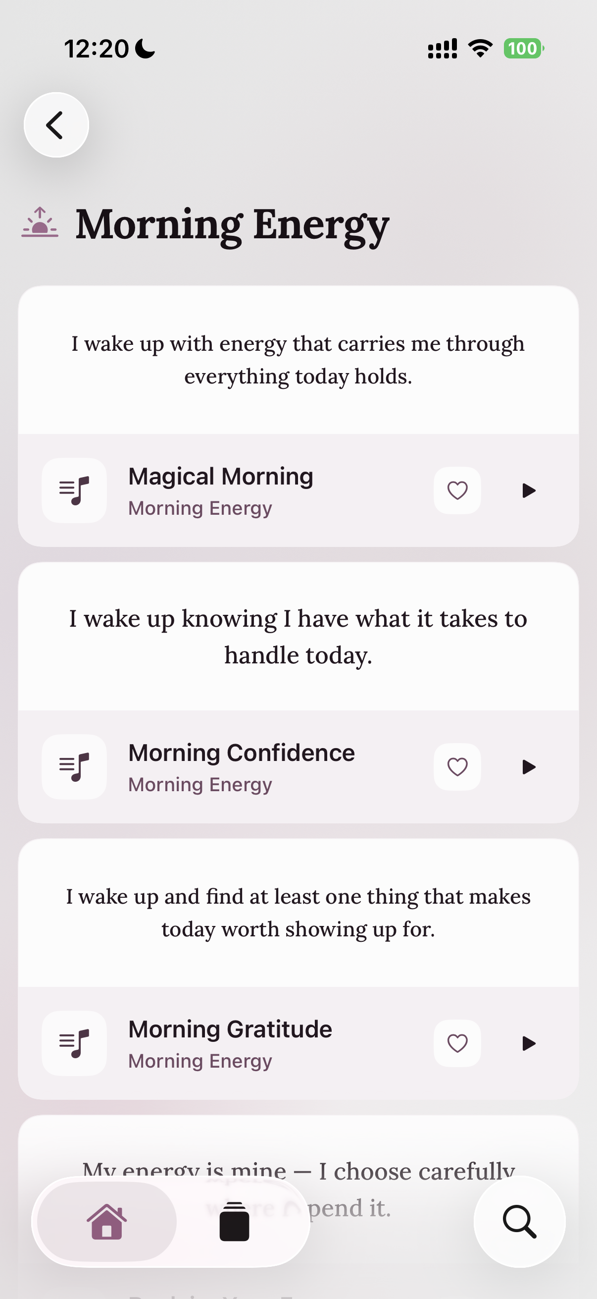 Category view showing affirmation sets with preview cards
