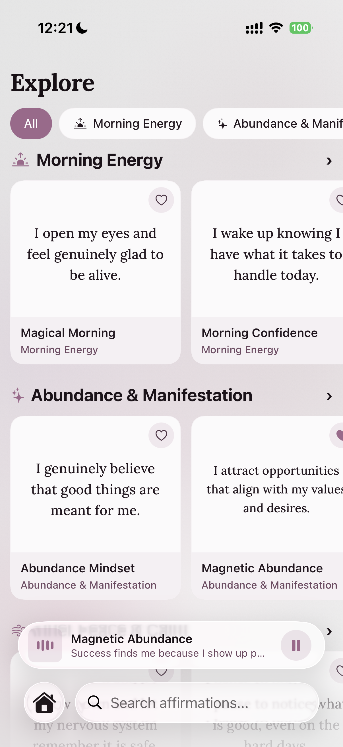 Explore affirmation categories like Morning Energy and Abundance