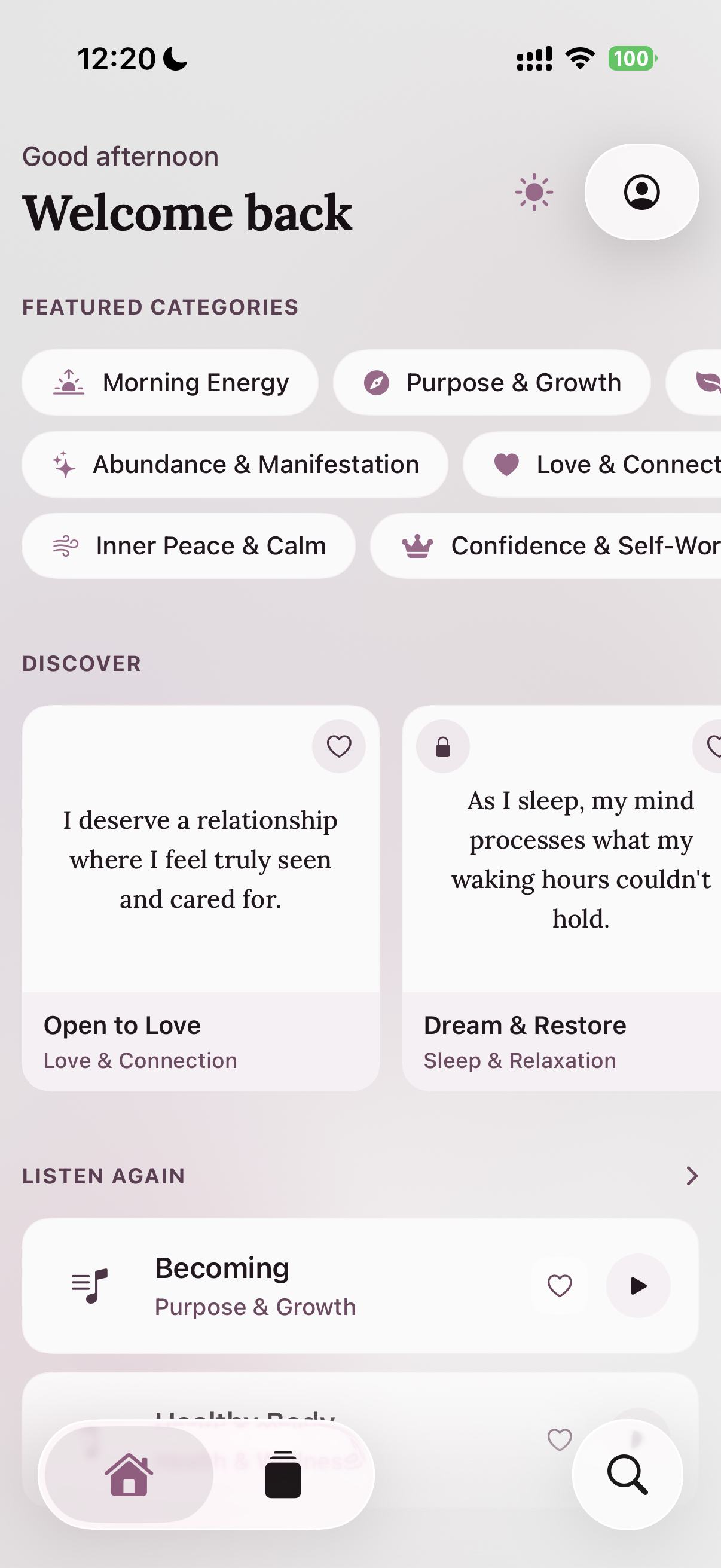 Magica home screen with category pills and affirmation sets