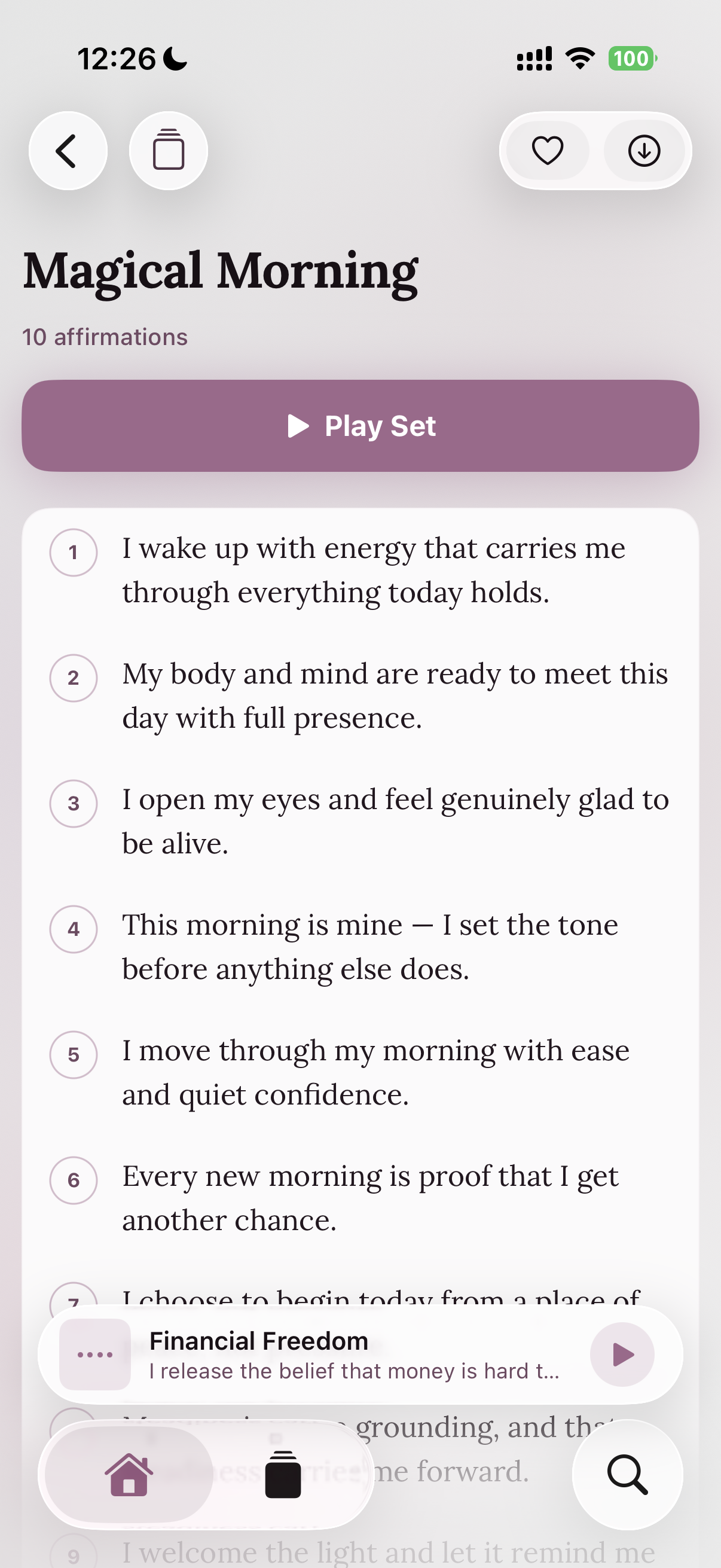 Affirmation set detail view showing individual affirmations