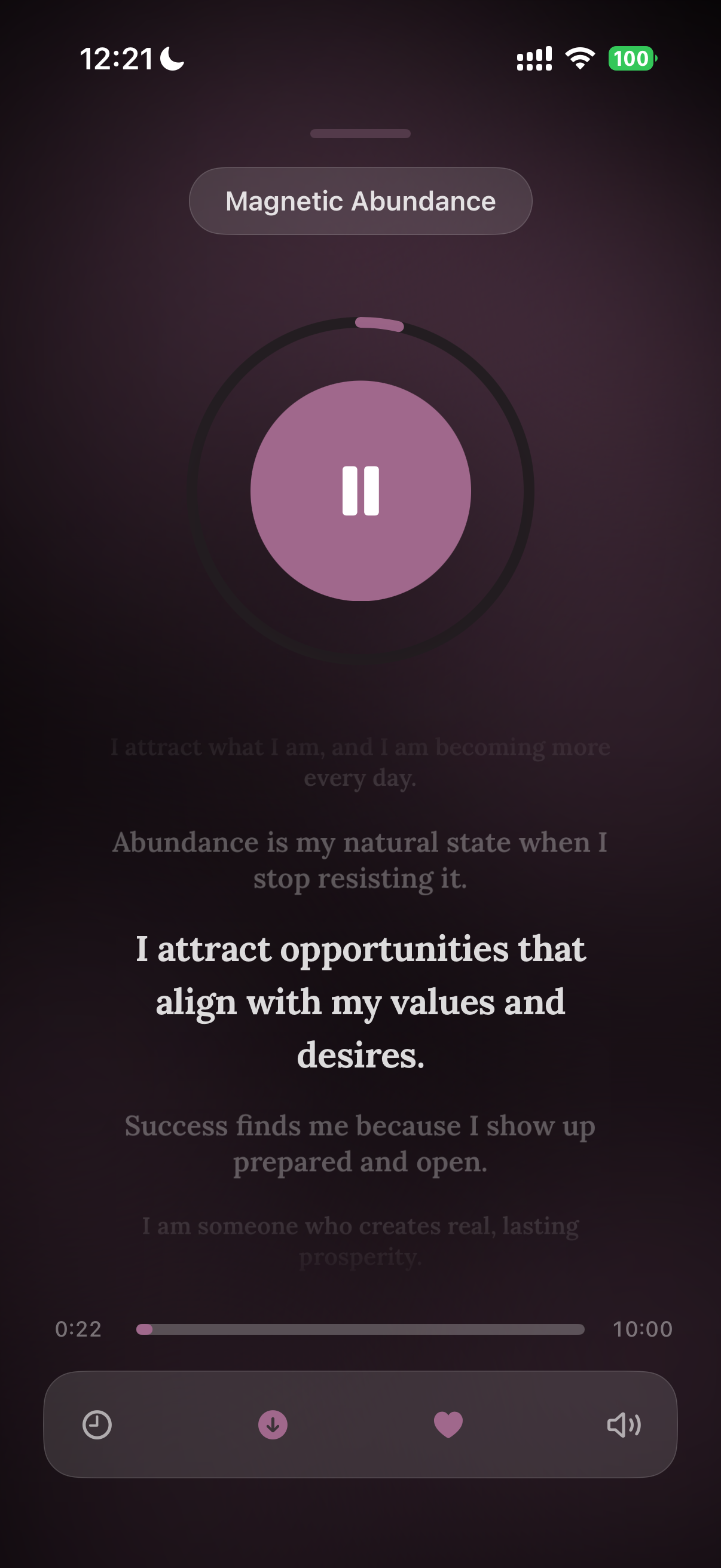 Magica audio player with affirmation text and ambient background